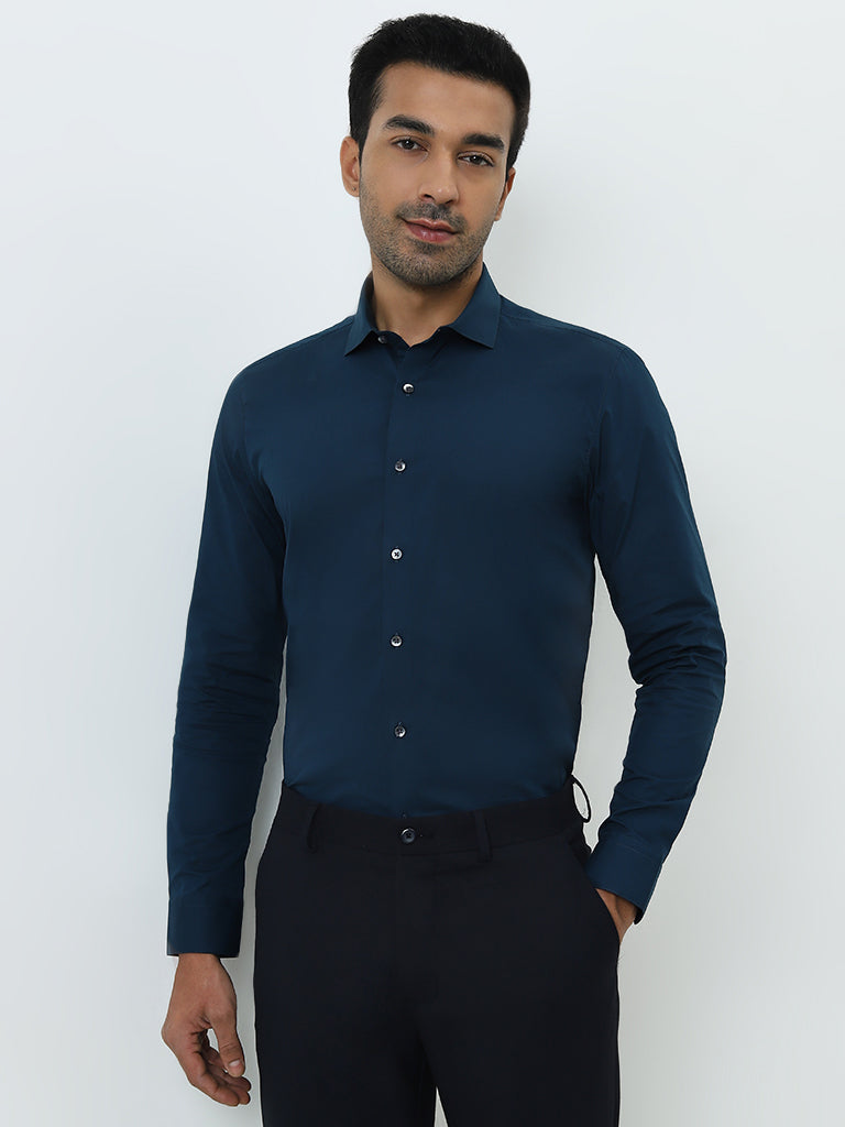 WES Formals Teal Ultra Slim-Fit Cotton Blend Shirt