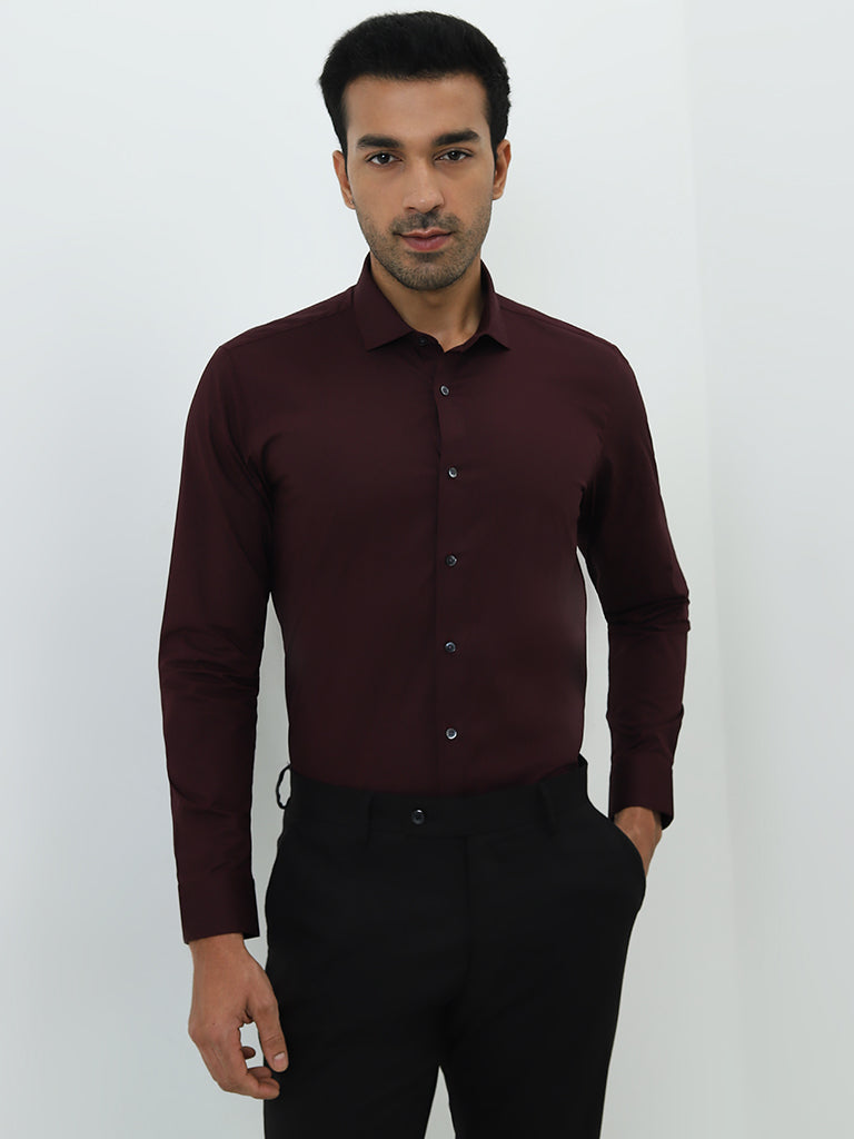 WES Formals Dark Purple Ultra Slim-Fit Cotton-Blend Shirt