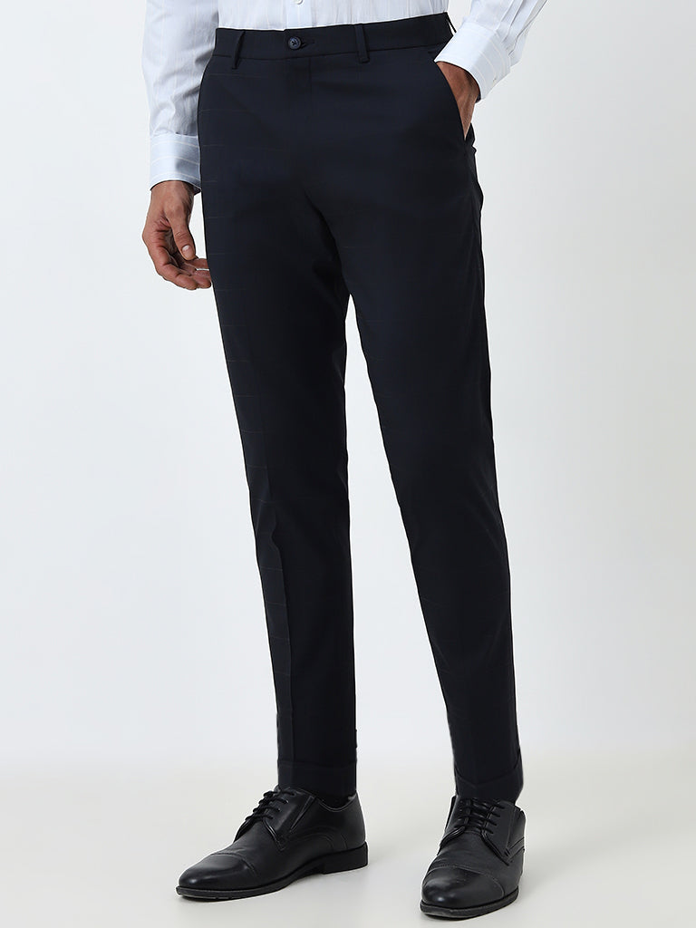 WES Formals Black Checked Slim-Fit Mid-Rise Cotton Trousers