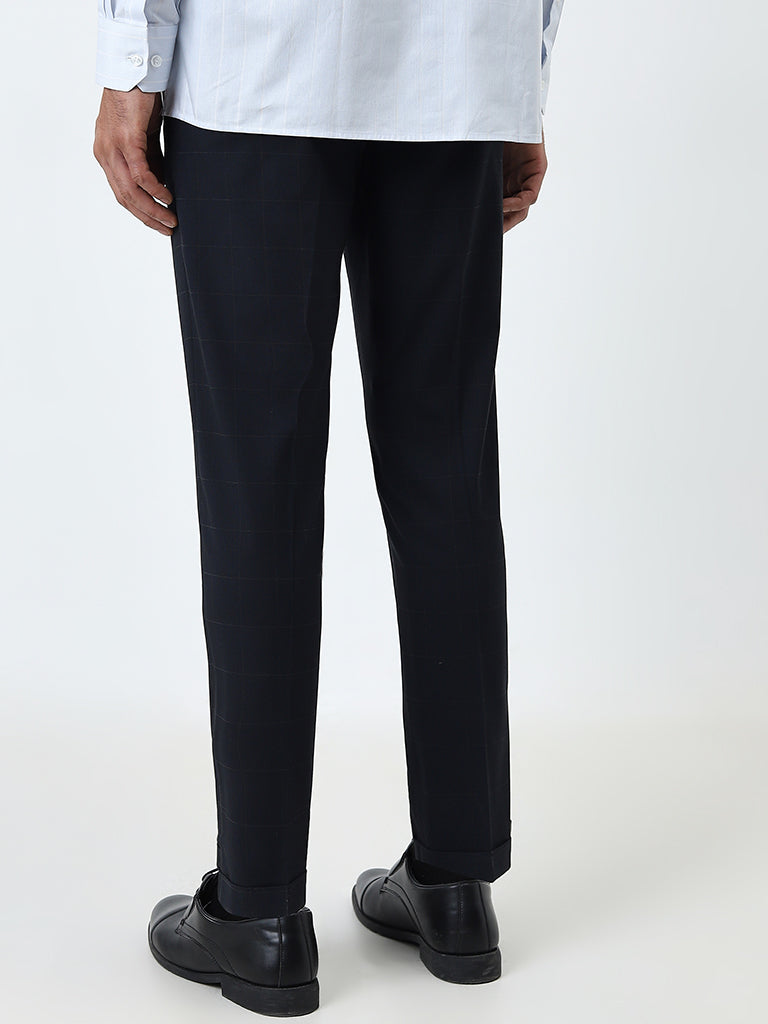 WES Formals Black Checked Slim-Fit Mid-Rise Cotton Trousers