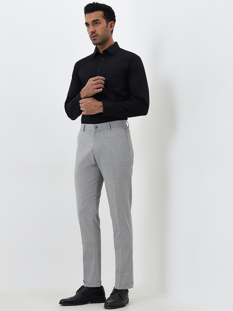 WES Formals Grey Pinstriped Carrot-Fit Mid-Rise Trousers