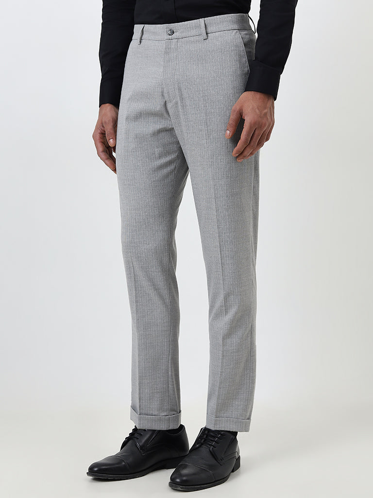 WES Formals Grey Pinstriped Carrot-Fit Mid-Rise Trousers