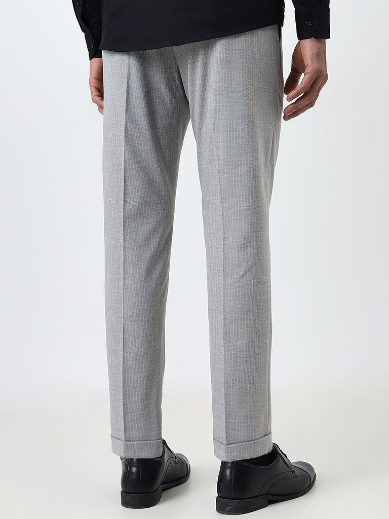 WES Formals Grey Pinstriped Carrot-Fit Mid-Rise Trousers