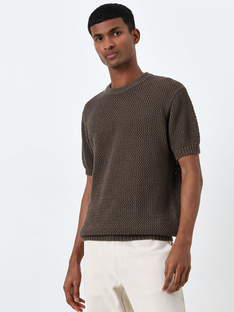 ETA Dark Brown Knit-Textured Relaxed-Fit T-Shirt