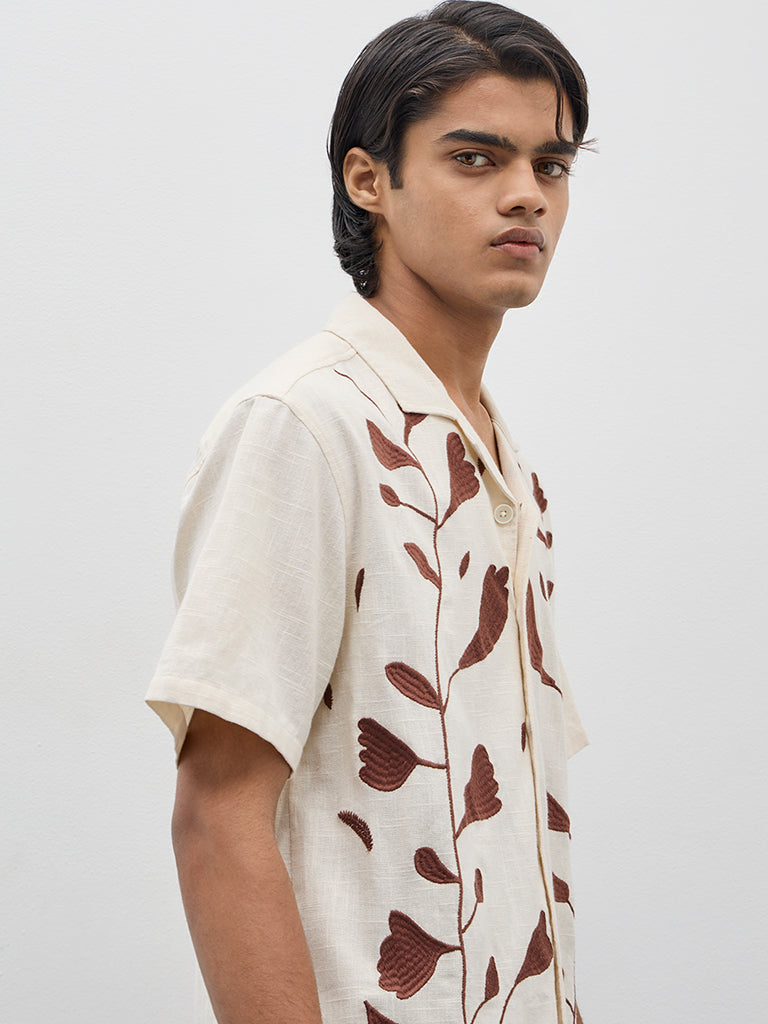 ETA Off-White Floral Embroidered Relaxed Cotton Fit Shirt