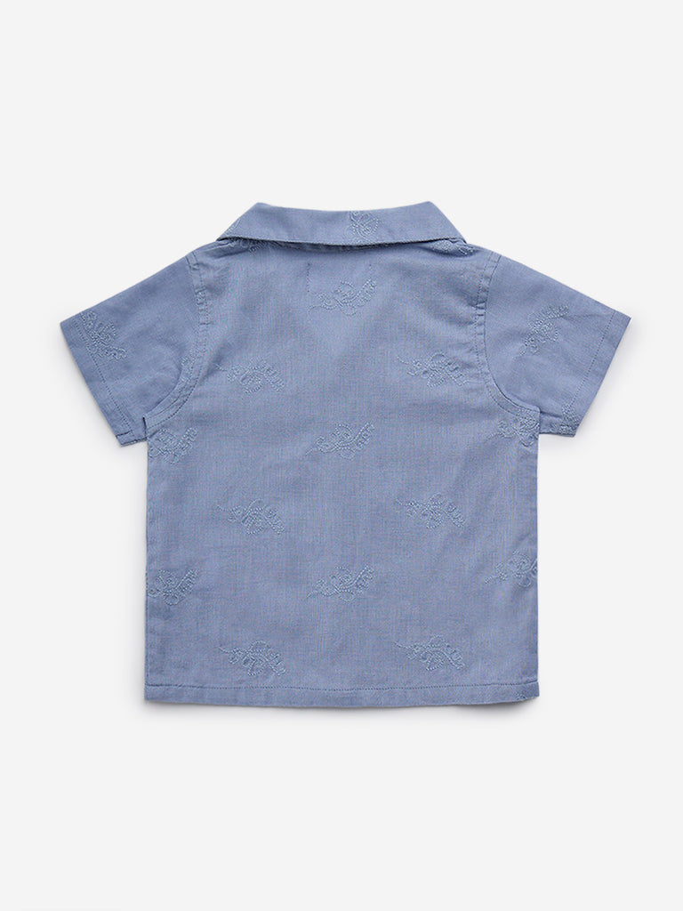 HOP Baby Blue Embroidered Cotton Blend Shirt