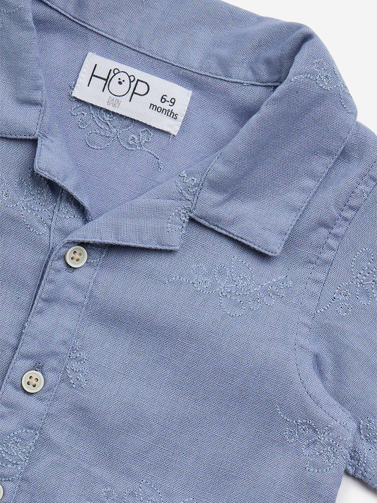 HOP Baby Blue Embroidered Cotton Blend Shirt