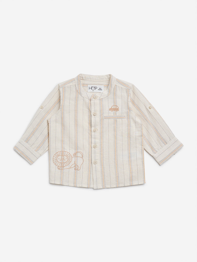 HOP Baby Beige Stripe Printed Cotton Shirt