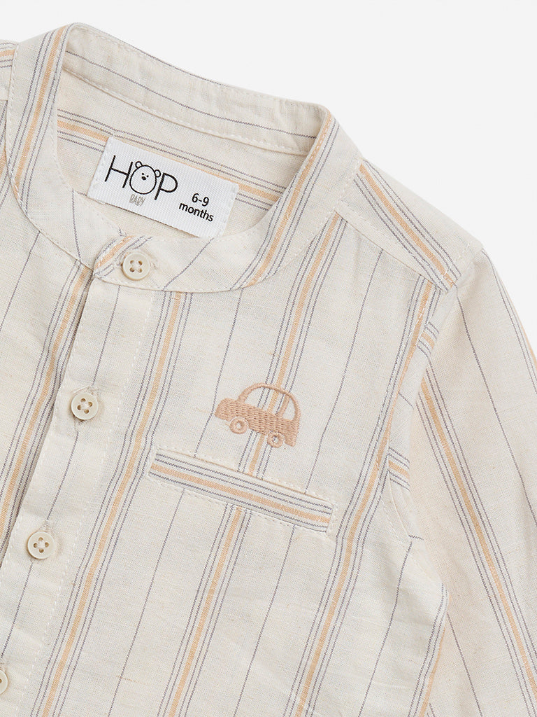 HOP Baby Beige Stripe Printed Cotton Shirt