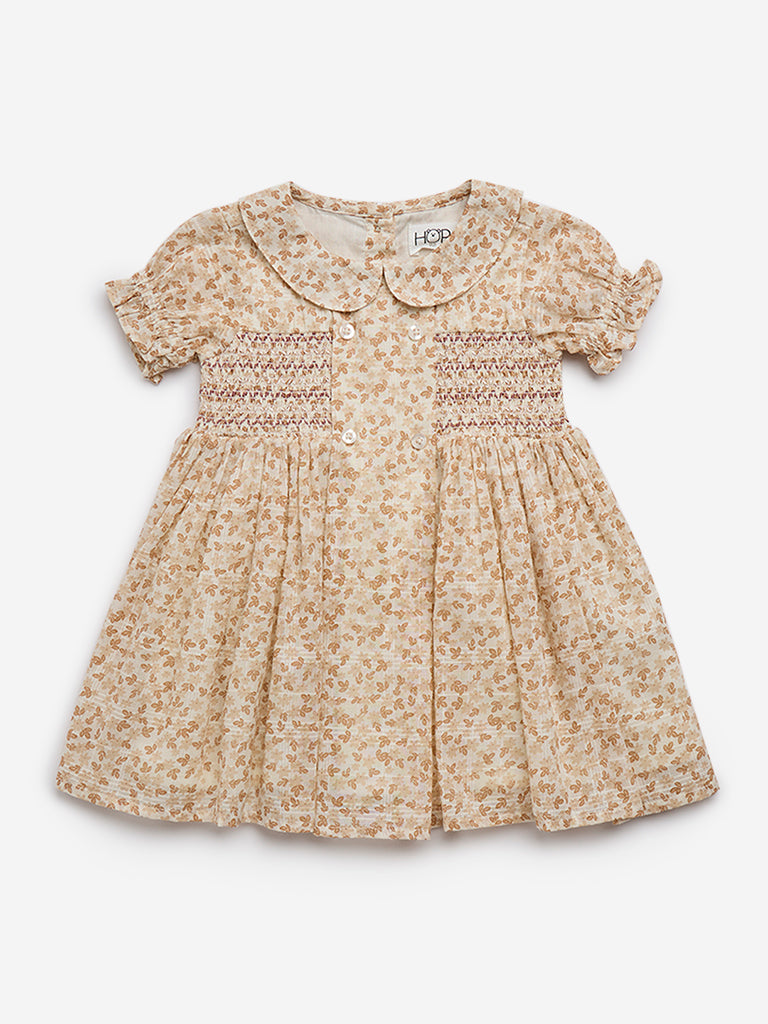 HOP Baby Beige Botanical Printed Cotton A-Line Dress