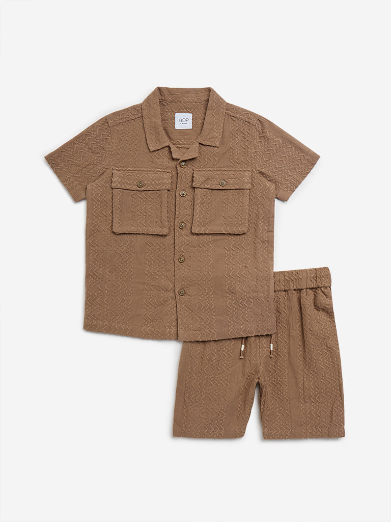 HOP Kids Brown Self-Patterned Cotton Shirt with Shorts Set