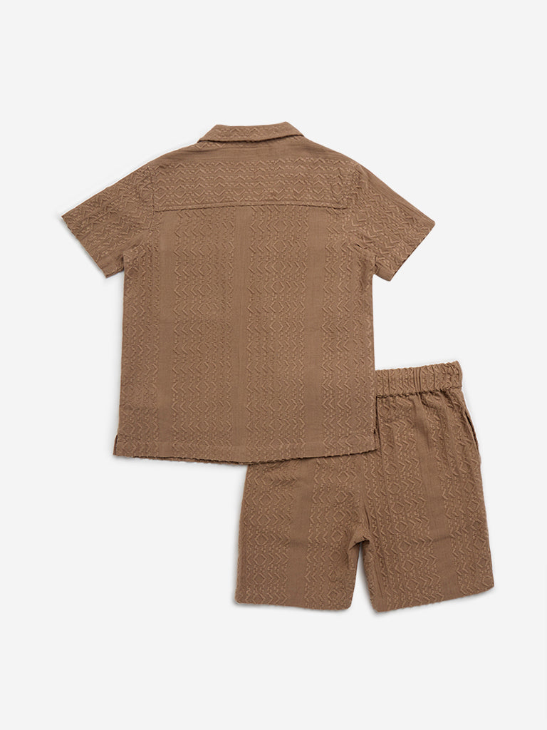 HOP Kids Brown Self-Patterned Cotton Shirt with Shorts Set