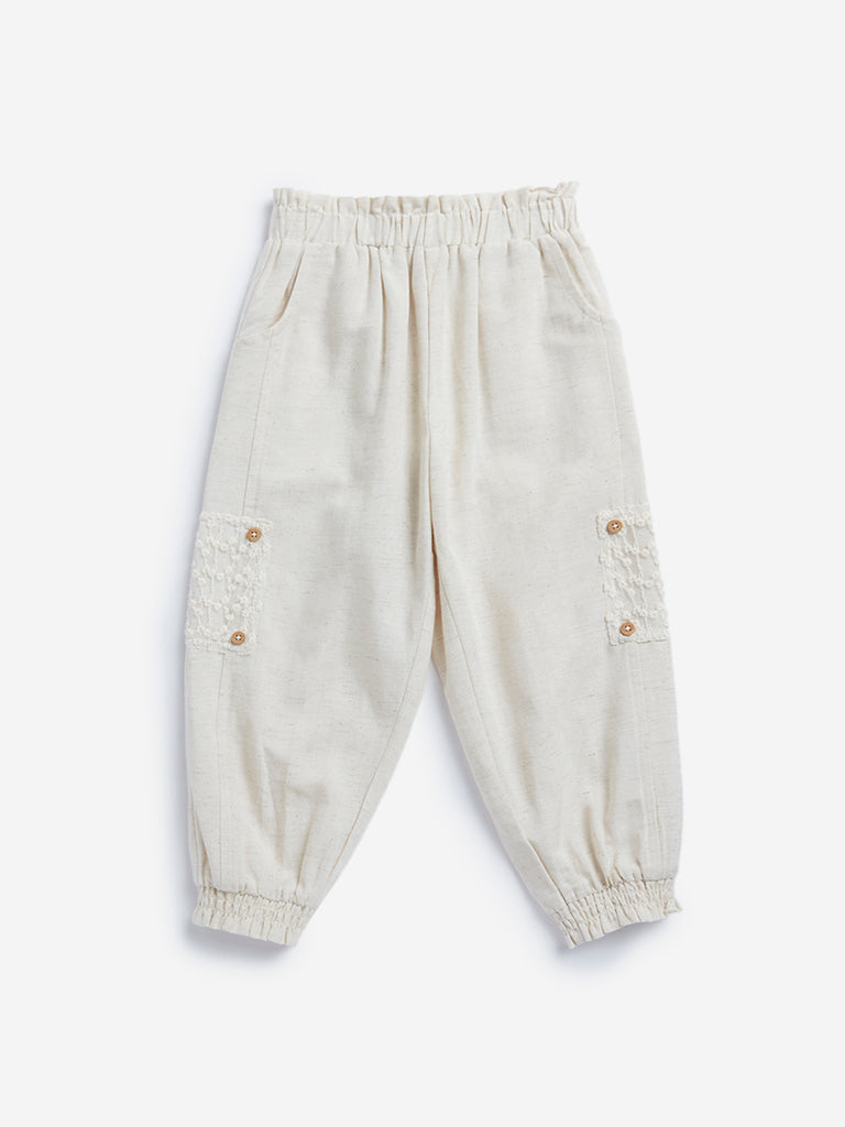 HOP Kids Beige Floral Embroidered Joggers