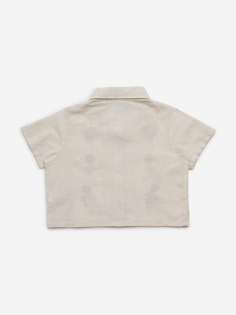 HOP Kids Beige Floral Embroidered Shirt