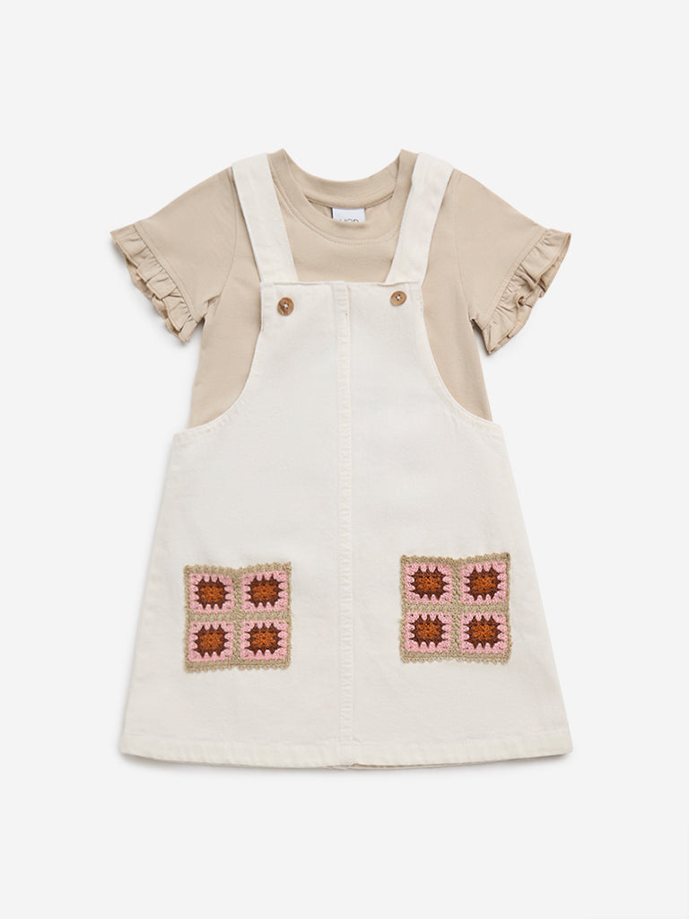 HOP Kids Beige Crochet Pinafore with Cotton T-Shirt Set