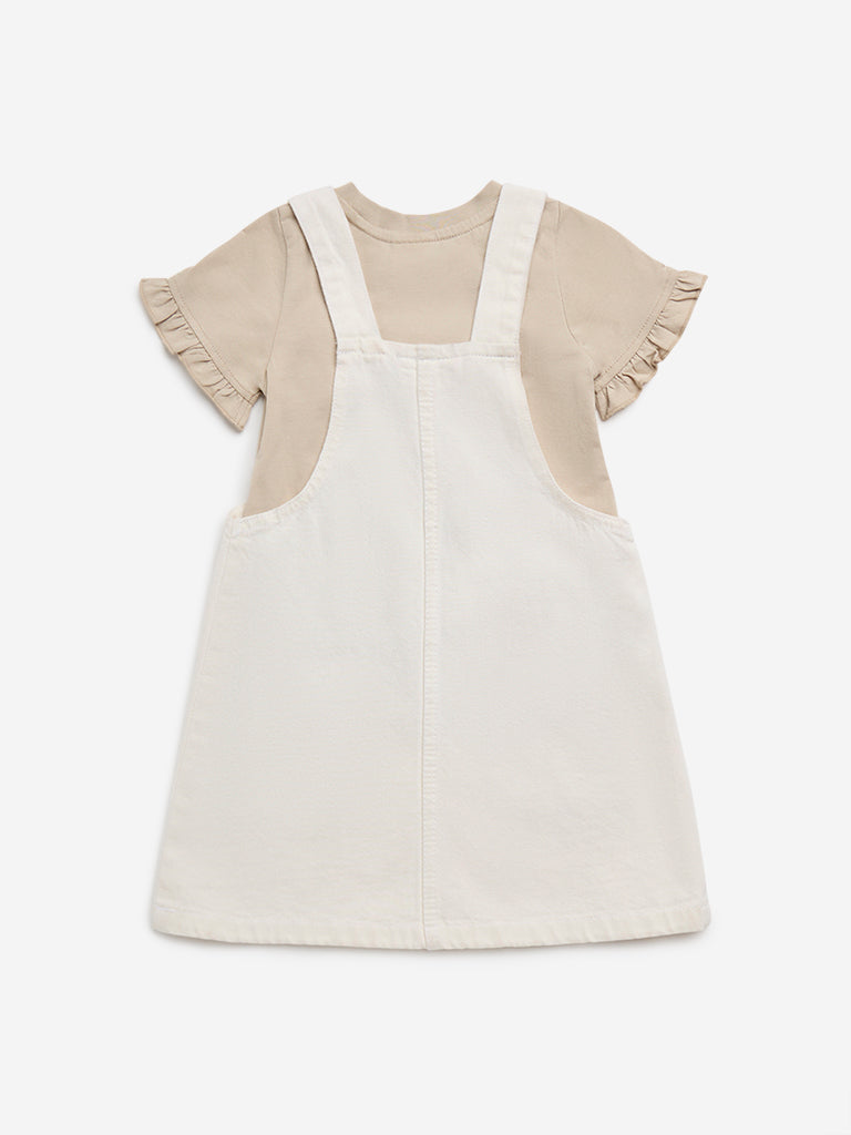 HOP Kids Beige Crochet Pinafore with Cotton T-Shirt Set