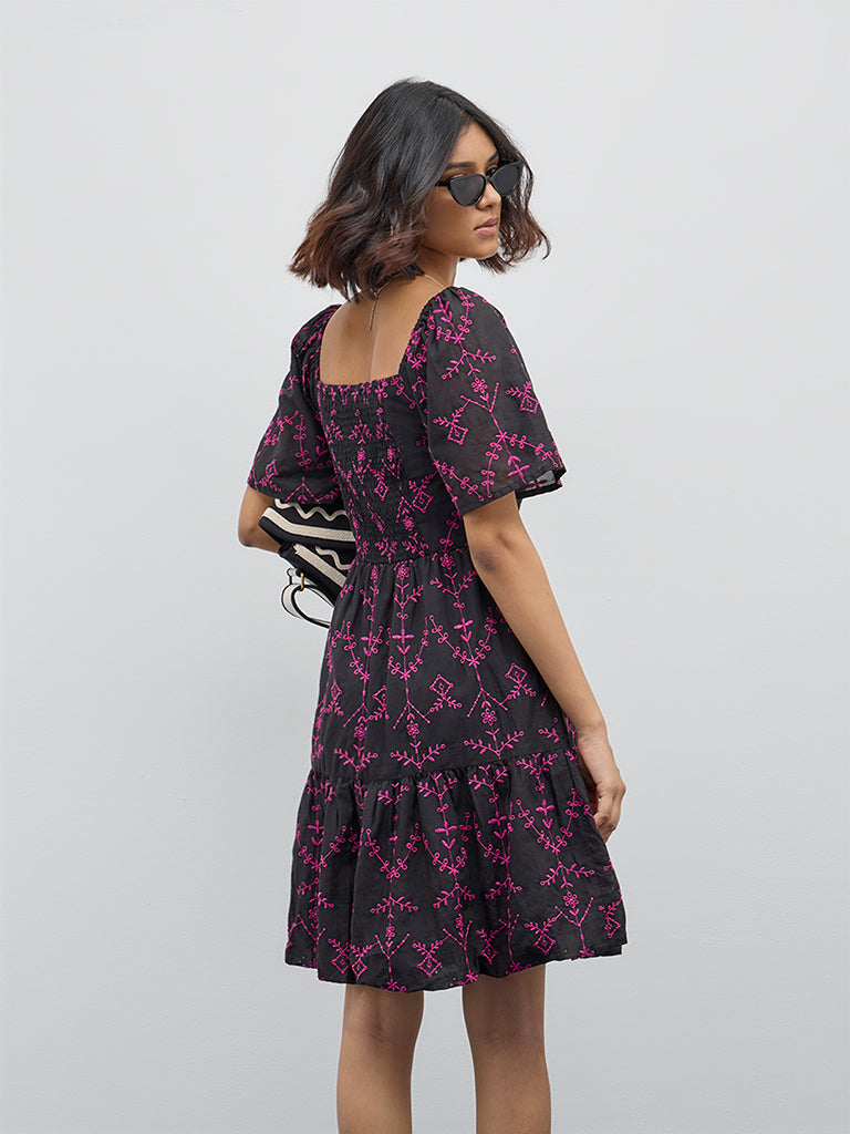 Bombay Paisley Black Schiffli Design Cotton Tiered Dress