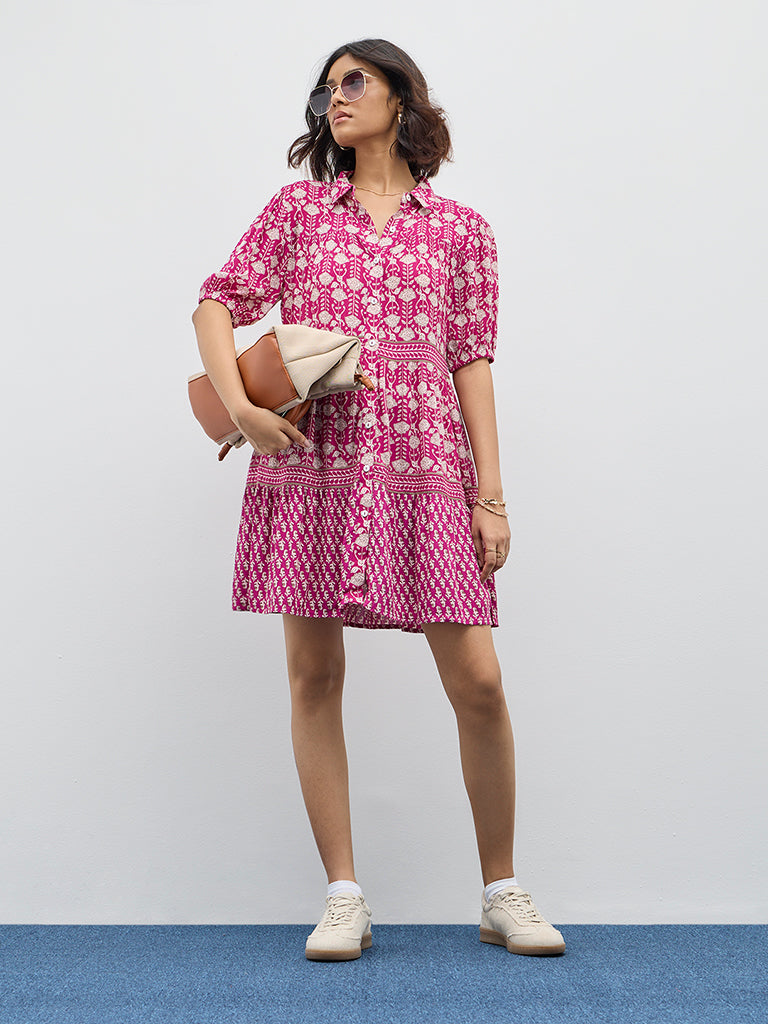 Bombay Paisley Magenta Floral Printed Shirt Dress