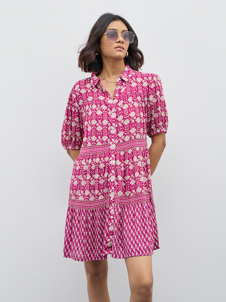 Bombay Paisley Magenta Floral Printed Shirt Dress