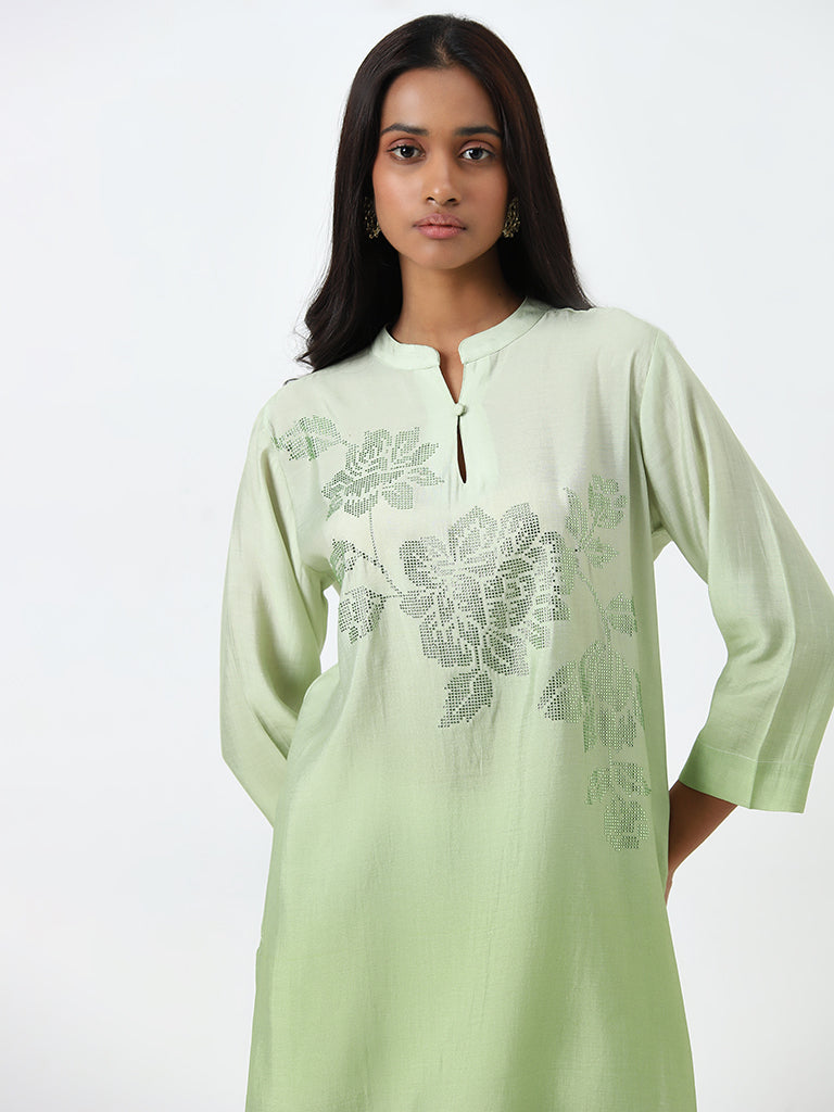 Vark Light Green Floral Design Tunic & Palazzos Set