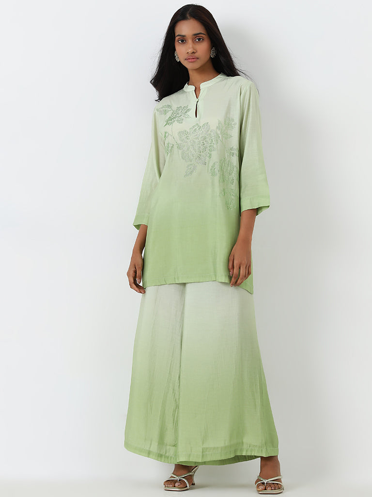 Vark Light Green Floral Design Tunic & Palazzos Set