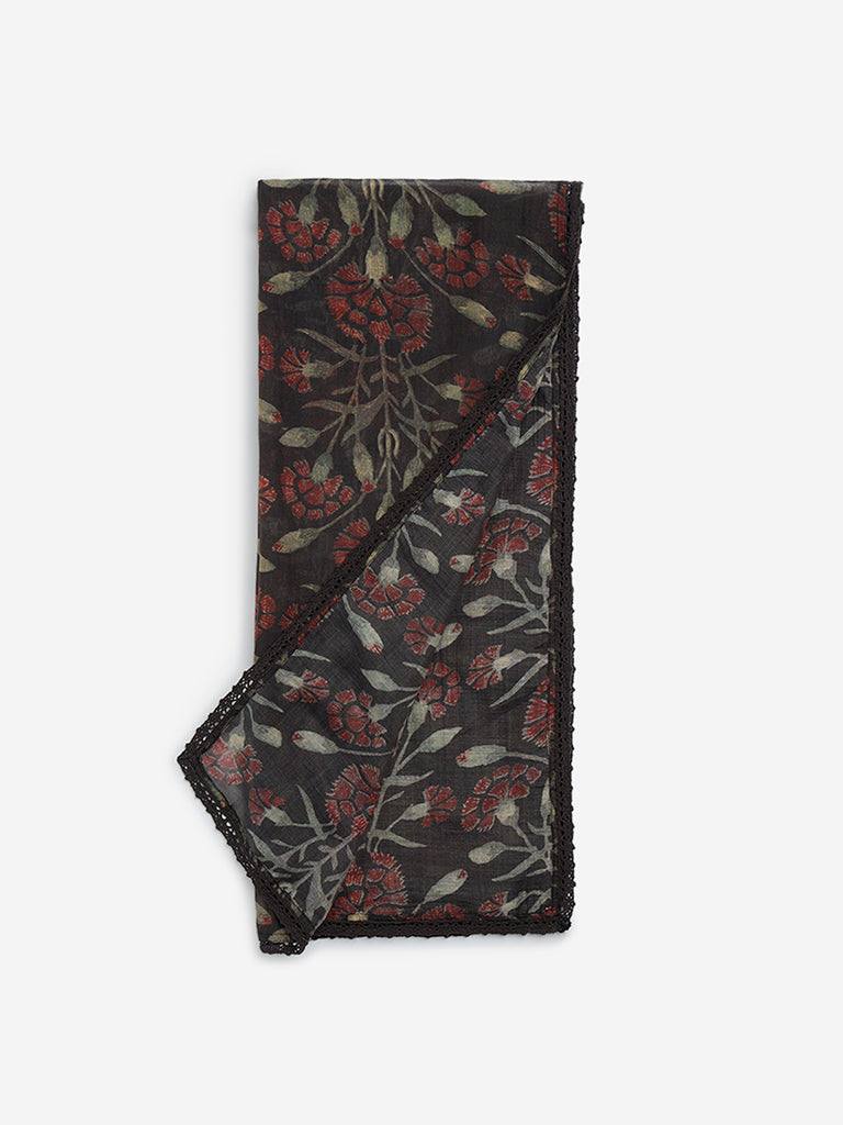 Zuba Black Botanical Printed Cotton Dupatta