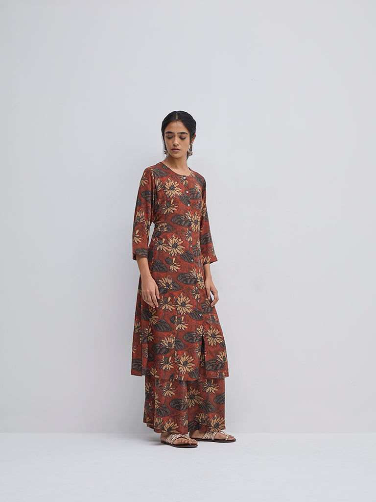 Zuba Brown Floral Printed A-Line Kurta