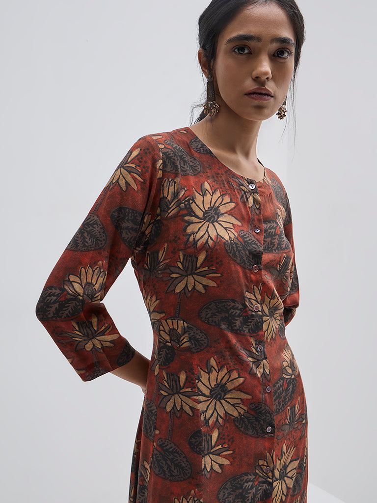 Zuba Brown Floral Printed A-Line Kurta