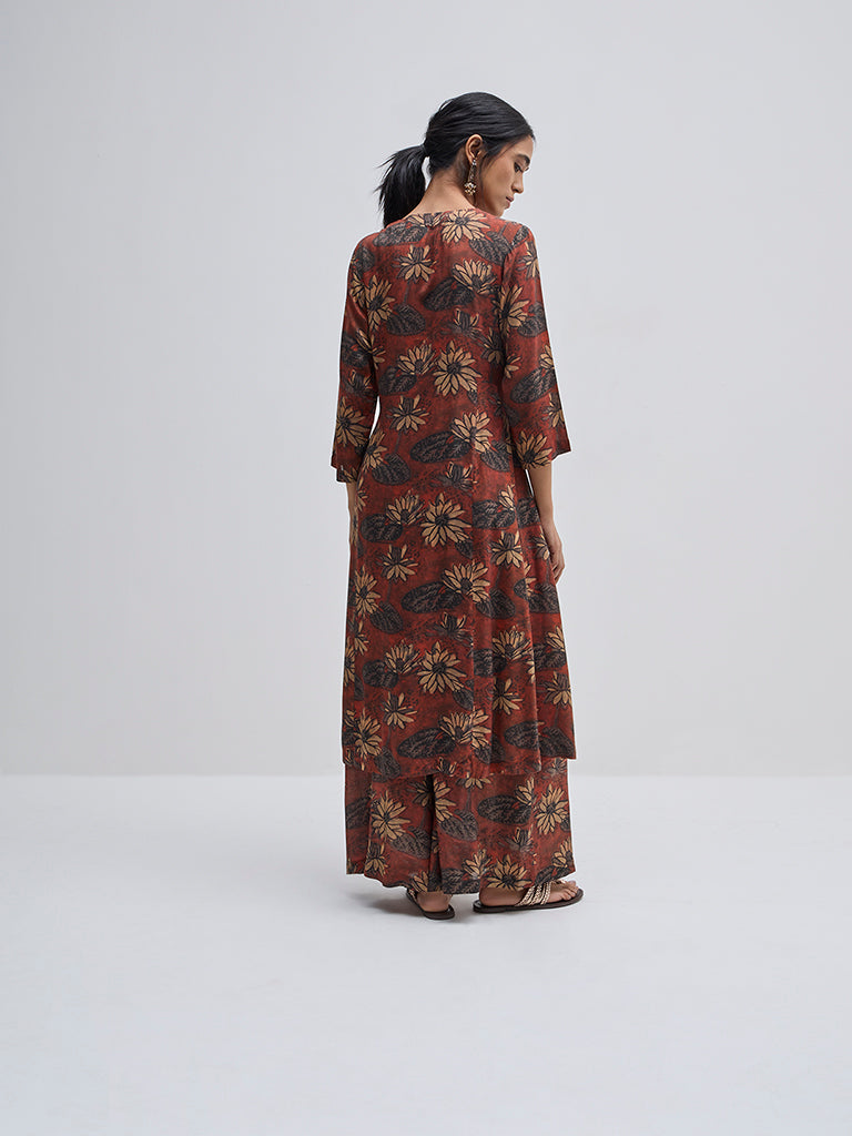 Zuba Brown Floral Printed A-Line Kurta