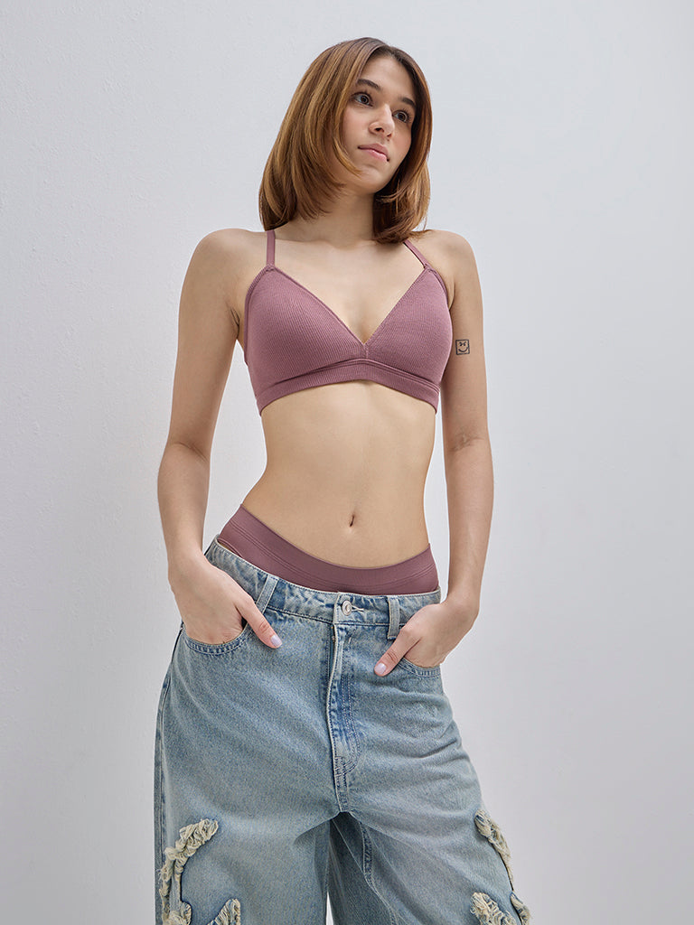 Superstar Mauve Waffle-Textured Padded Cotton-Blend Bra