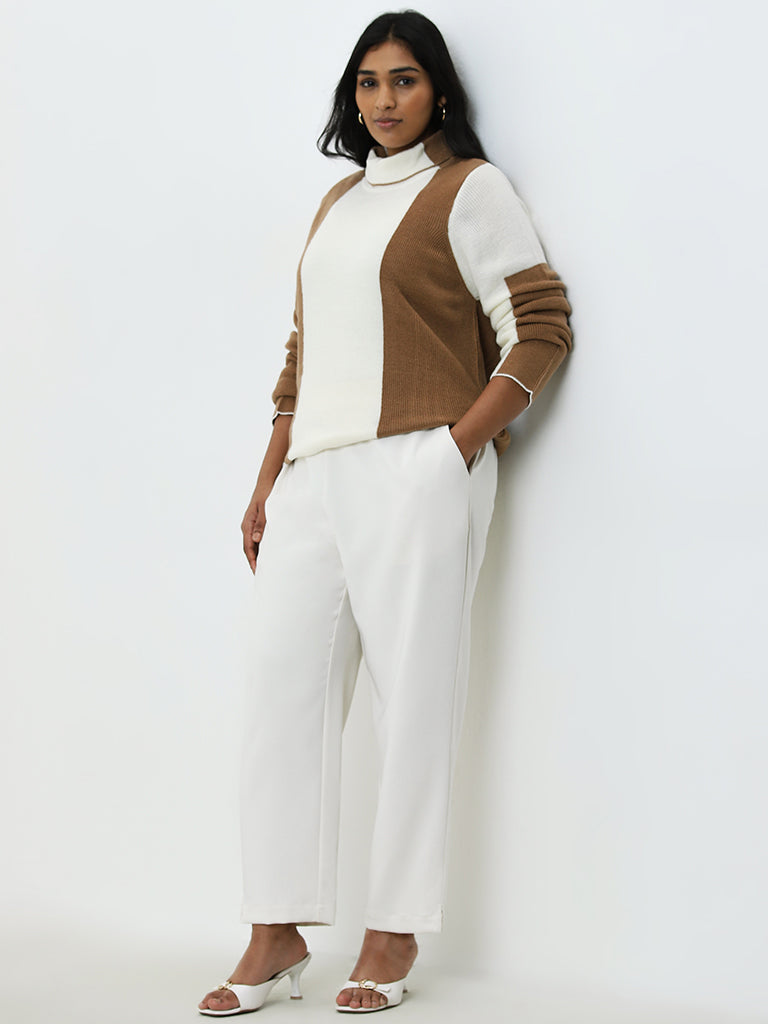 Gia Beige & White Colour Blocked Sweater