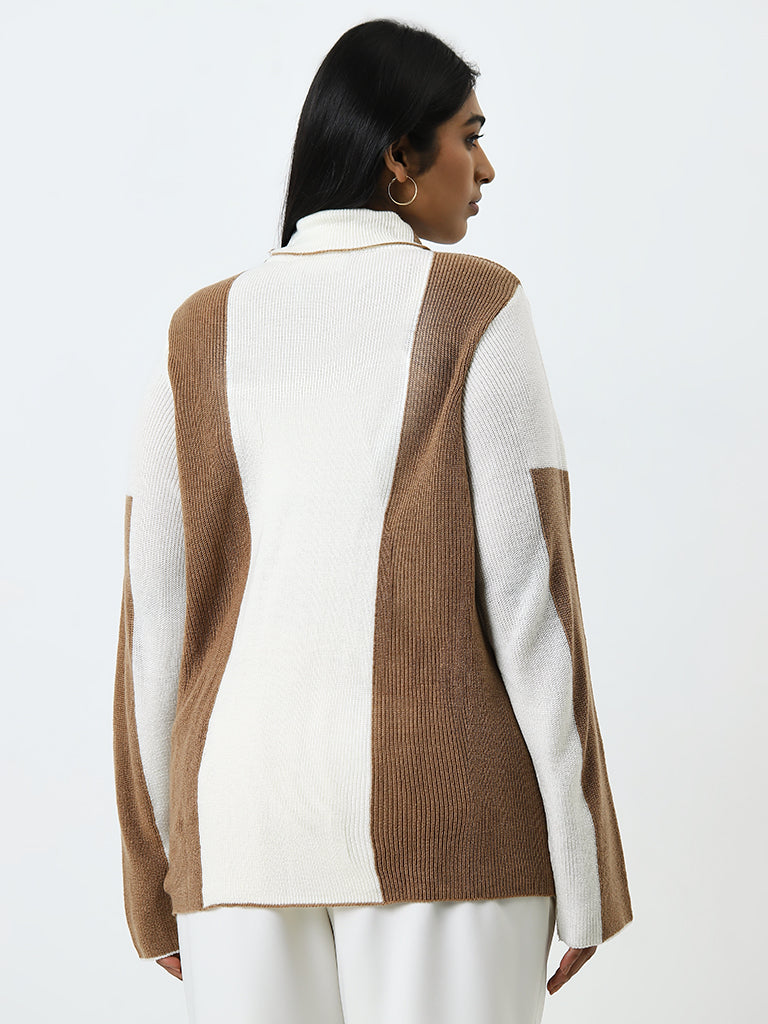 Gia Beige & White Colour Blocked Sweater