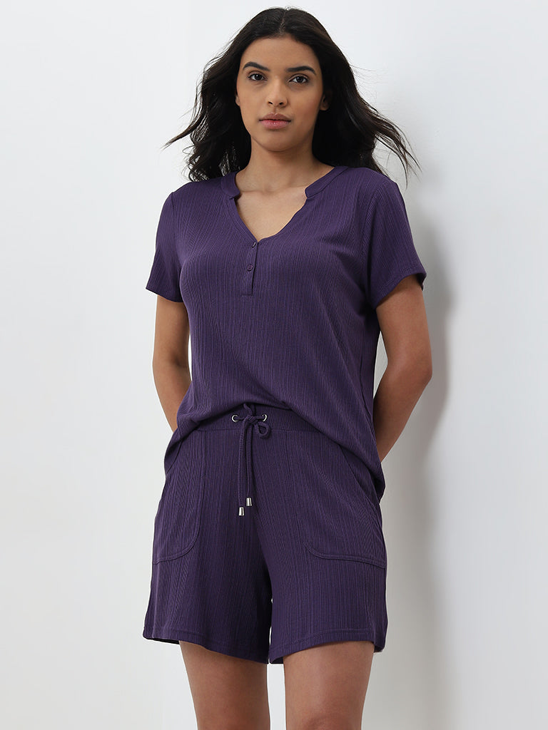 Wunderlove Purple Supersoft Modal Ribbed High-Rise Shorts