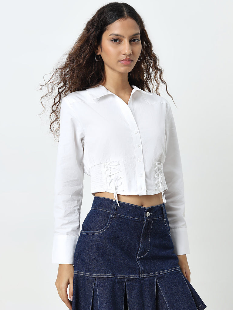 Nuon White Criss Cross-Detailed Poplin Cotton Shirt