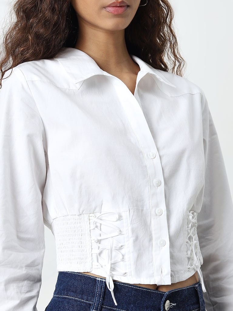 Nuon White Criss Cross-Detailed Poplin Cotton Shirt