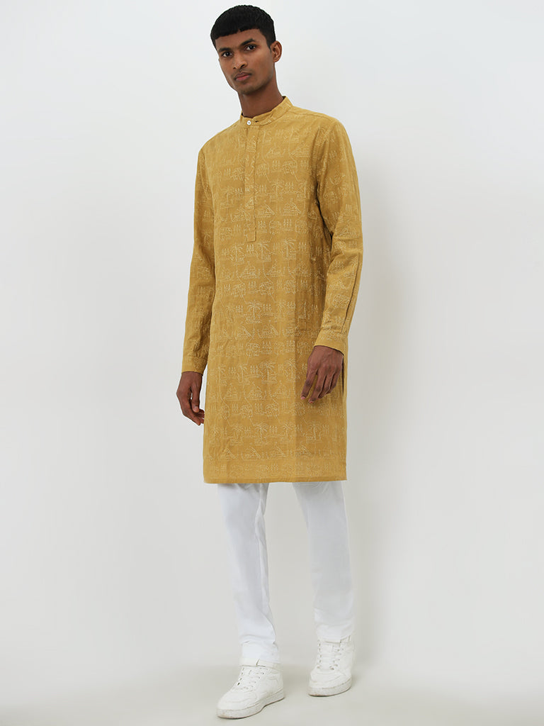 Mens Ethnicwear Mustard Embroidered Cotton Kurta