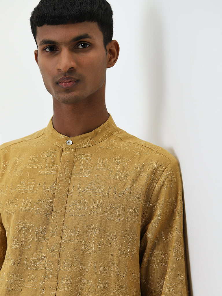 Mens Ethnicwear Mustard Embroidered Cotton Kurta