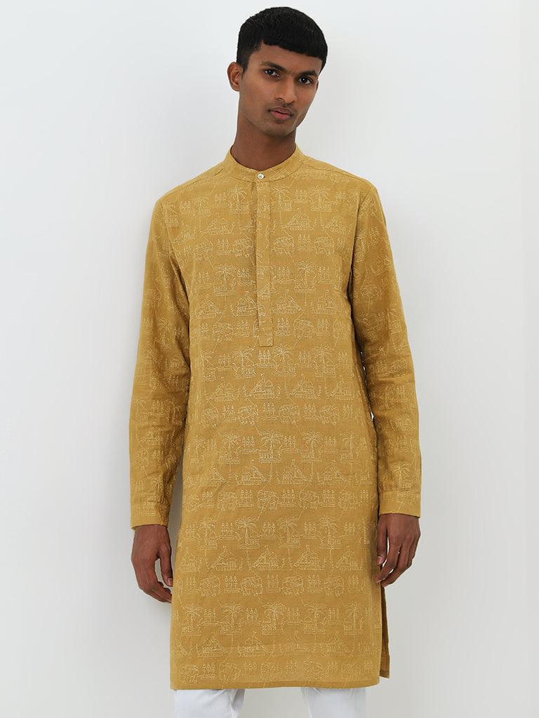 Mens Ethnicwear Mustard Embroidered Cotton Kurta