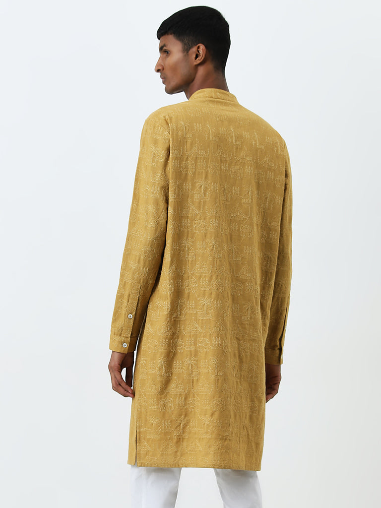 Mens Ethnicwear Mustard Embroidered Cotton Kurta