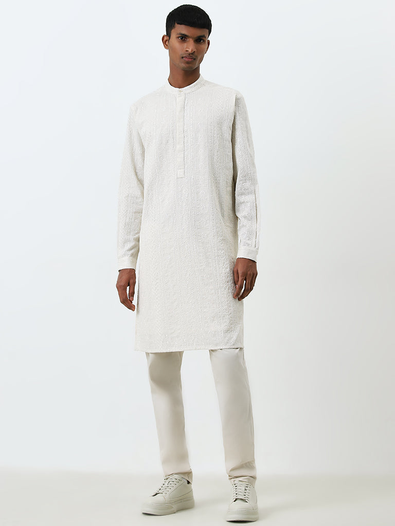 Mens Ethnicwear White Embroidered Cotton Kurta