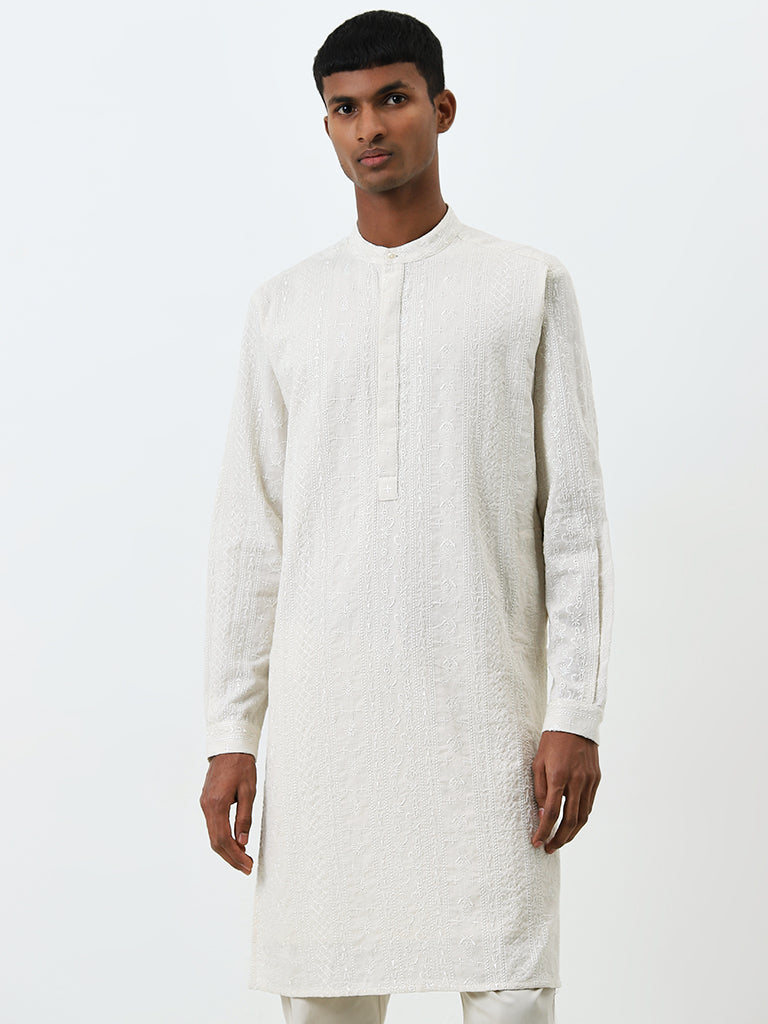 Mens Ethnicwear White Embroidered Cotton Kurta