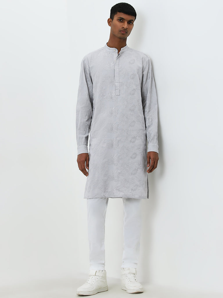 Mens Ethnicwear Grey Embroidered Cotton Kurta