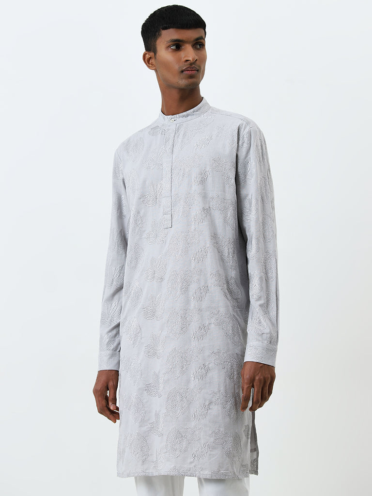 Mens Ethnicwear Grey Embroidered Cotton Kurta