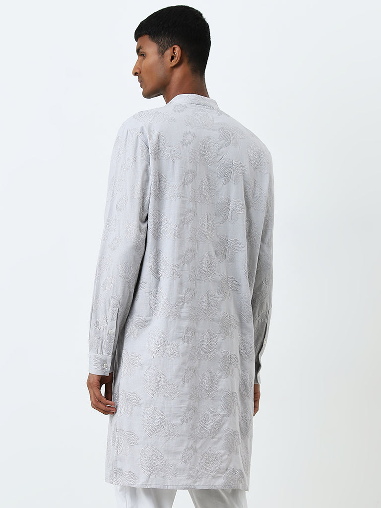 Mens Ethnicwear Grey Embroidered Cotton Kurta