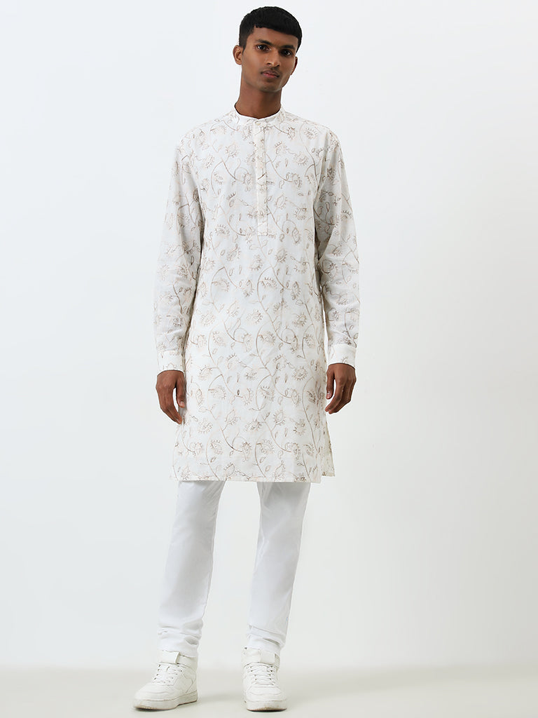 Mens Ethnicwear White Floral Printed Cotton Kurta