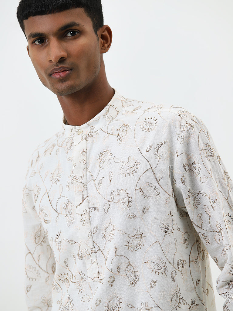 Mens Ethnicwear White Floral Printed Cotton Kurta