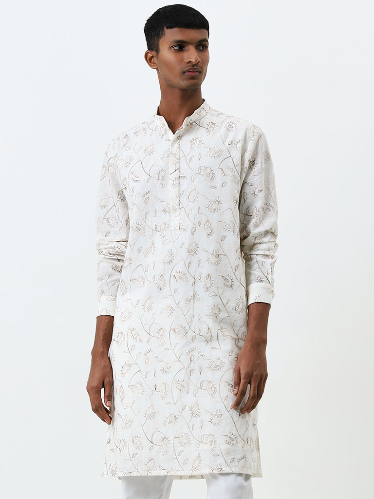 Mens Ethnicwear White Floral Printed Cotton Kurta