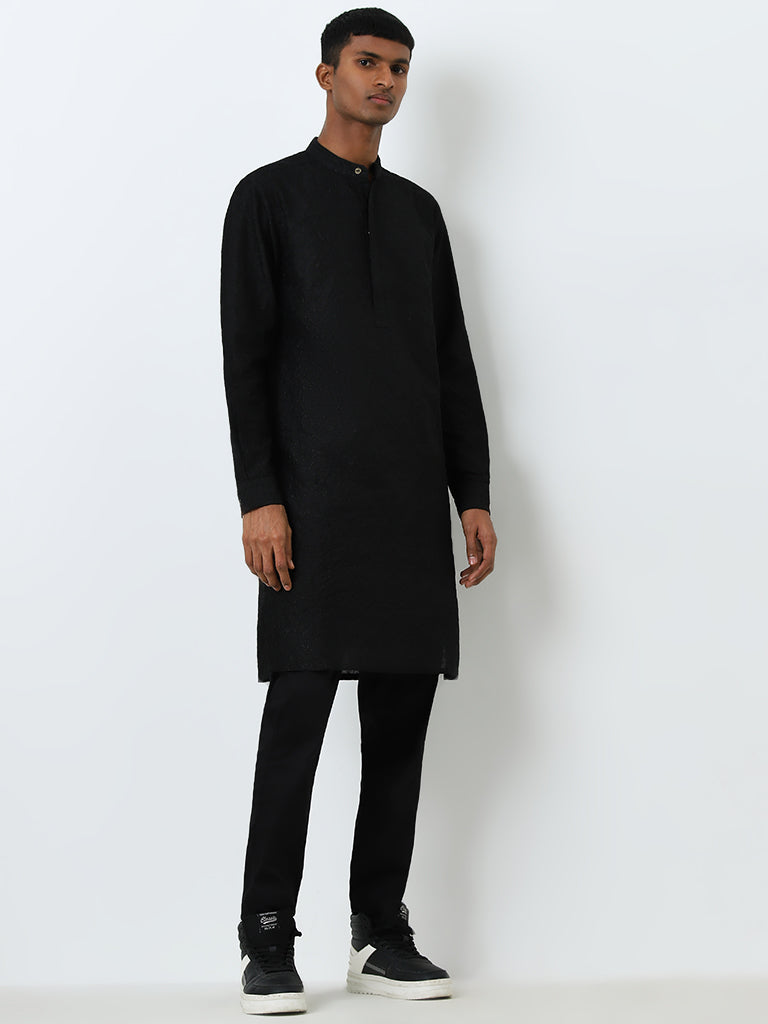 Mens Ethnicwear Black Embroidered Cotton Kurta