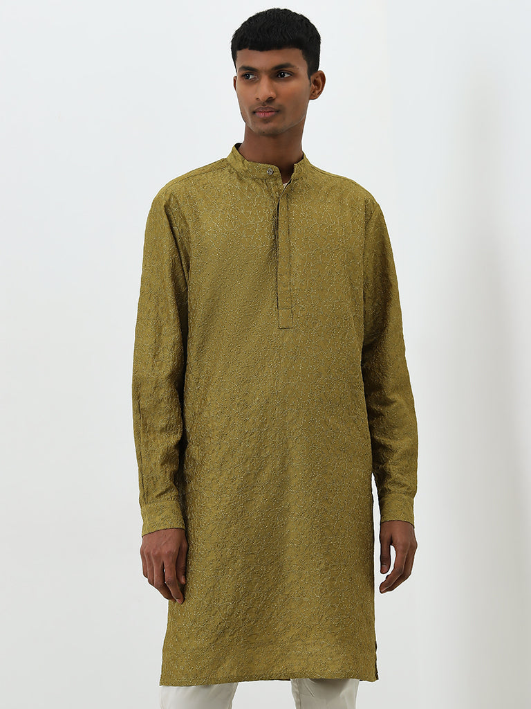 Mens Ethnicwear Green Embroidered Cotton Kurta