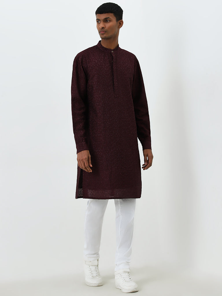 Mens Ethnicwear Wine Embroidered Cotton Kurta